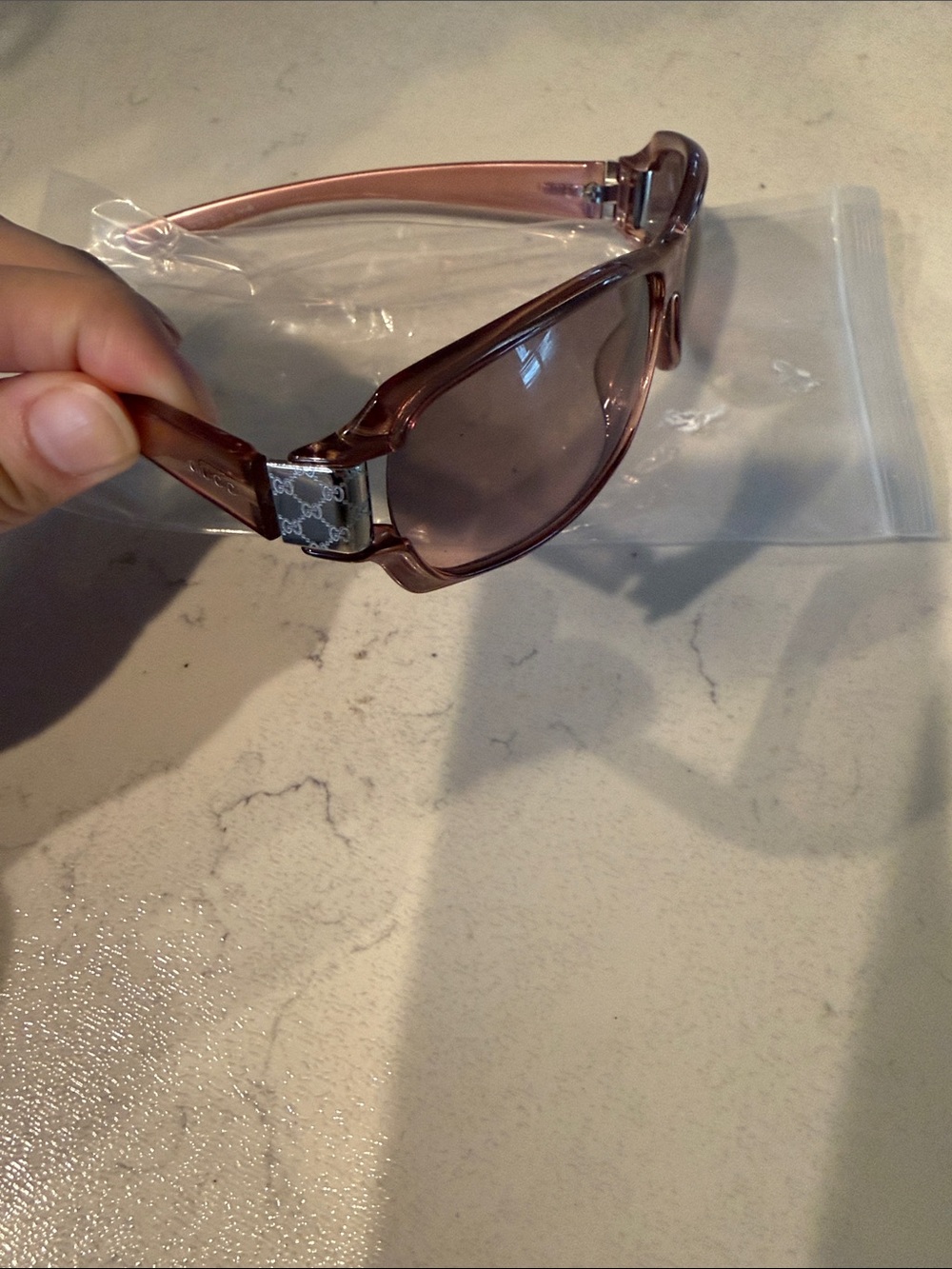 Gucci Pink Translucent Logo Temple Sunglasses